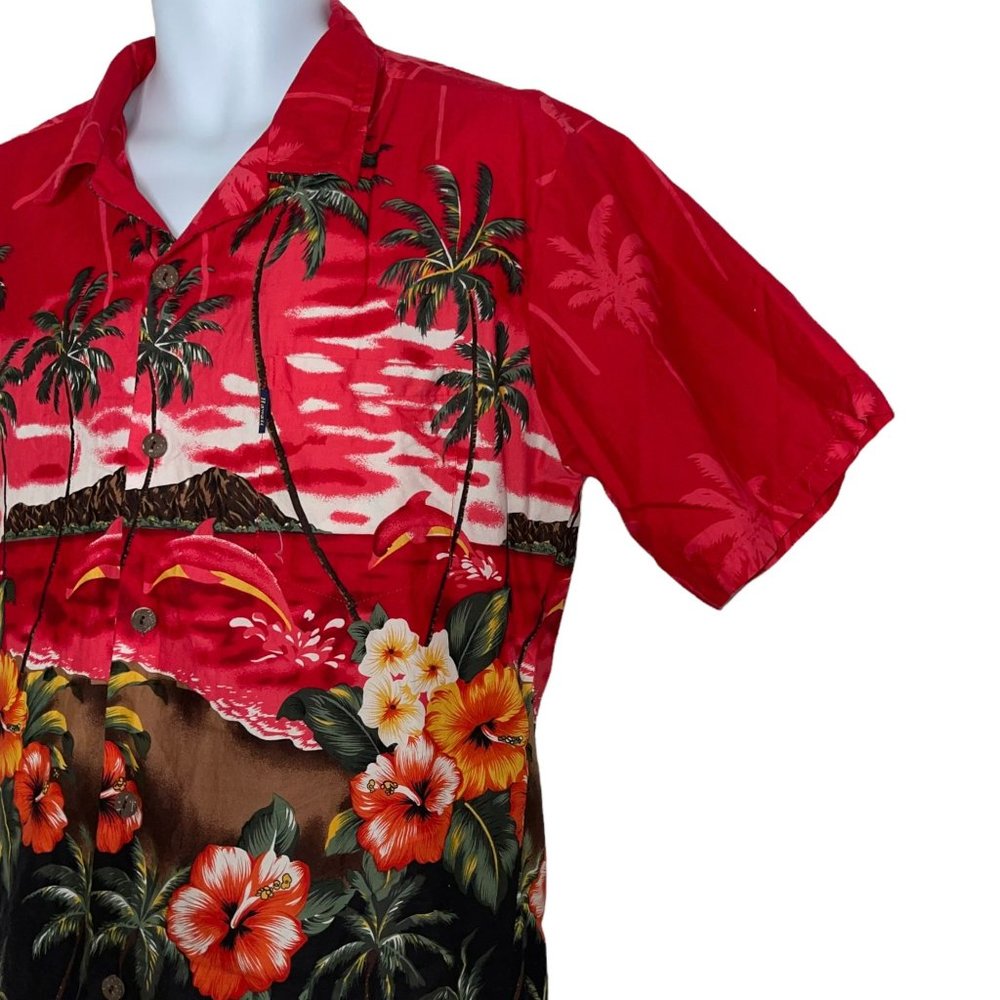 Palmwave Hawaii Fire Red Hawaiian Beach Volcano Floral Ocean Shirt Men's M - Picture 5 of 10